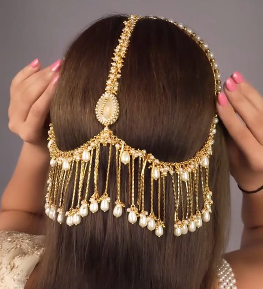 Bridal Pearl Hair Chain Jhoomar – Golden Headpiece