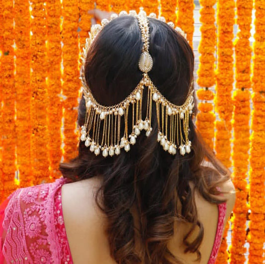 Bridal Pearl Hair Chain Jhoomar – Golden Headpiece