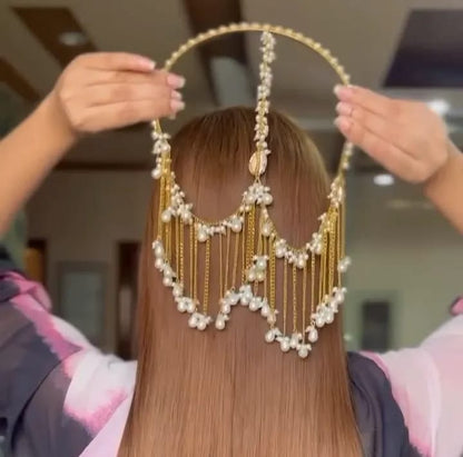 Bridal Pearl Hair Chain Jhoomar – Golden Headpiece