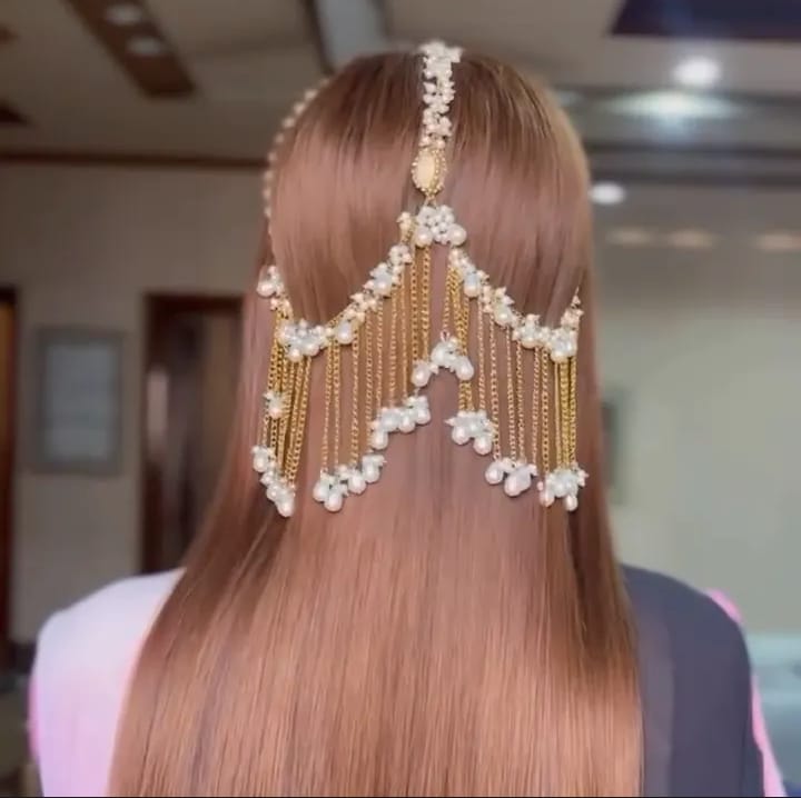 Bridal Pearl Hair Chain Jhoomar – Golden Headpiece